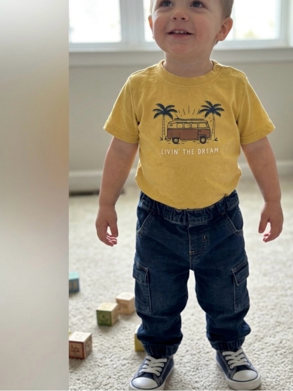 Yellow Graphic Tee and Blue Cargo Pants 24M
